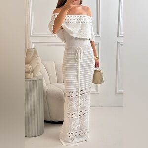 VICI White Crochet Off Shoulder Maxi Dress – Boho Beach Vacation Dress Size L